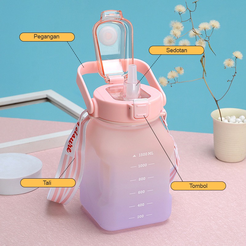 Botol Viral Botol Minum Anak Dengan Tali Botol Minum Anak Gemoy Kotak 3D Viral Murah Warna Gradasi Pastel 1.3 Liter 1300 ML -Wonderdekorasi