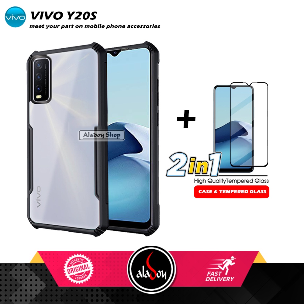 PAKET 2 IN 1 Case Vivo Y20S Armor Fusion Transparent Prmium Casing Free Tempered Glass