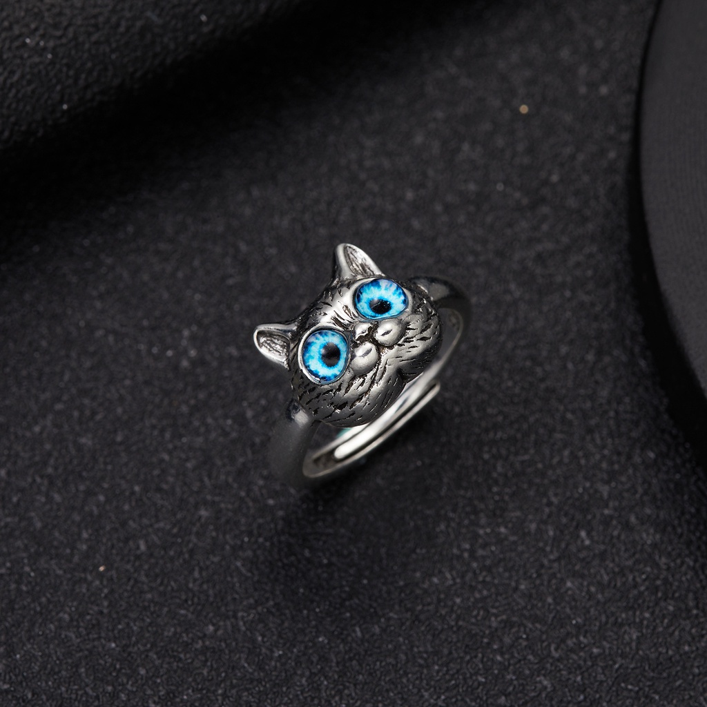 Cincin Model Terbuka Dapat Disesuaikan Desain Hewan Mata Kucing Warna Biru Gaya Vintage Untuk Wanita