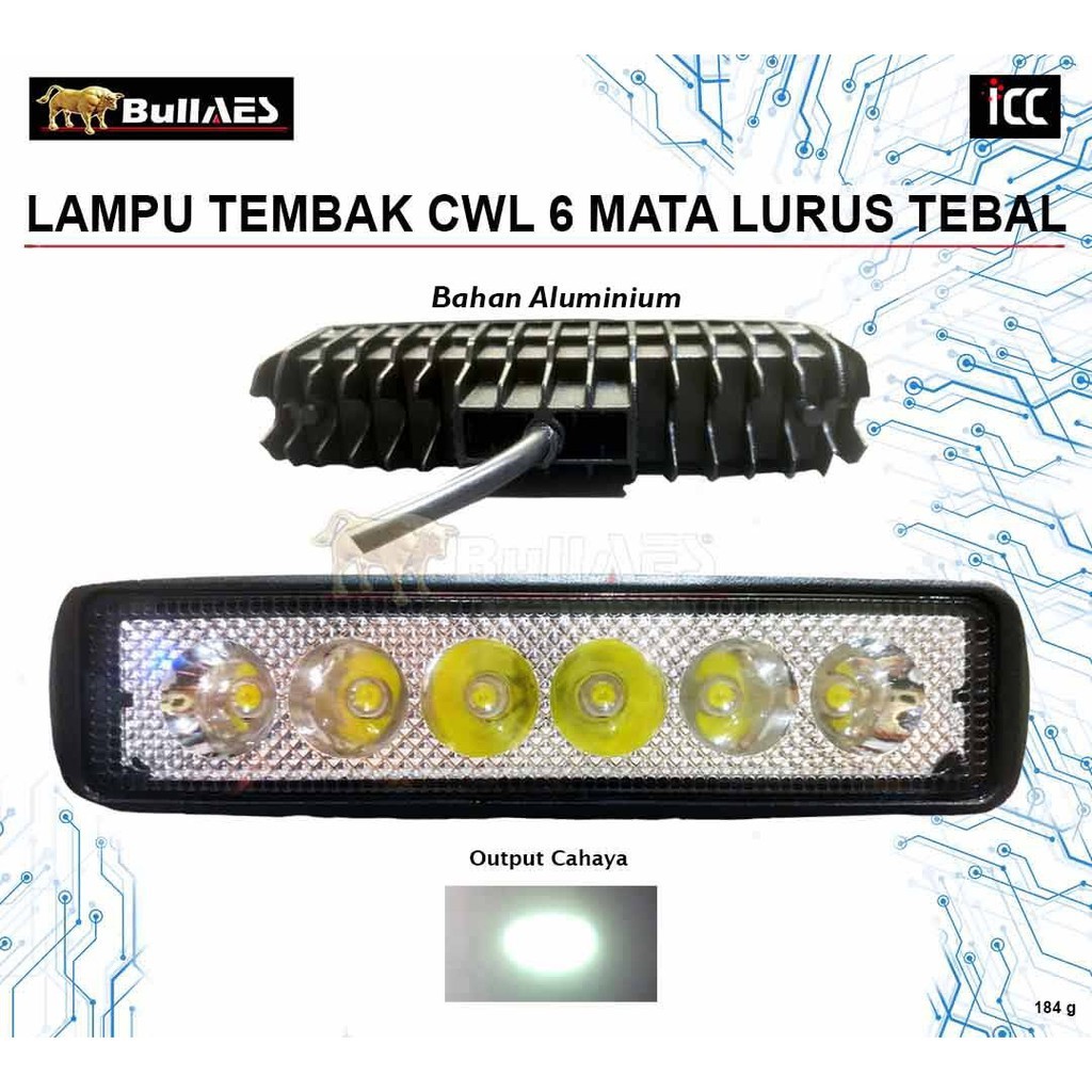 LAMPU TEMBAK CREE WORKLIGHT 6 MATA LURUS TEBAL GRADE A 18 WATT