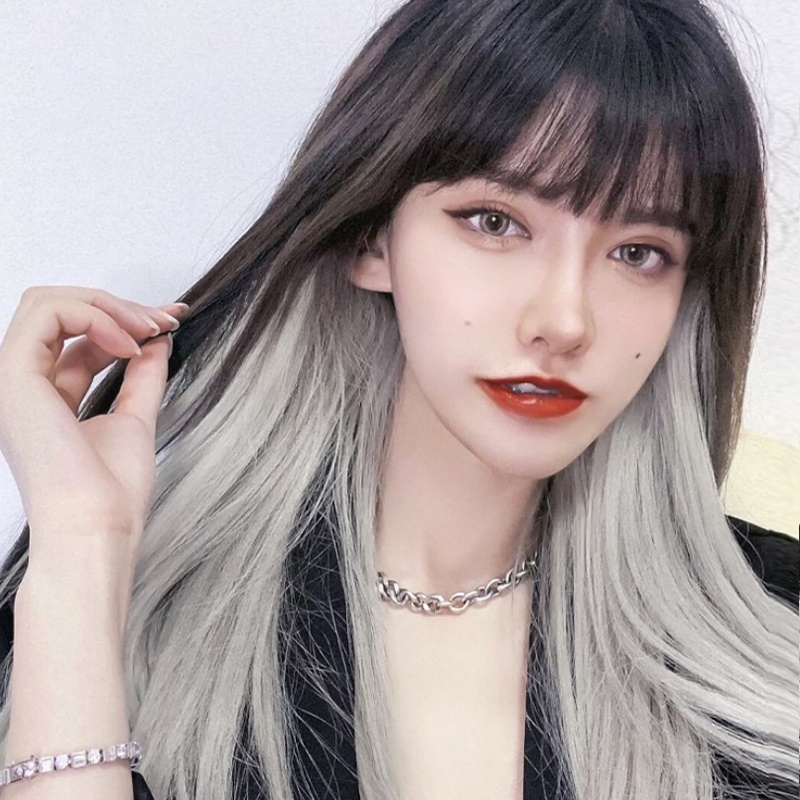 Wig / Rambut Palsu Wanita Model Korea Panjang Lurus + Klip 50cm Warna Gradasi