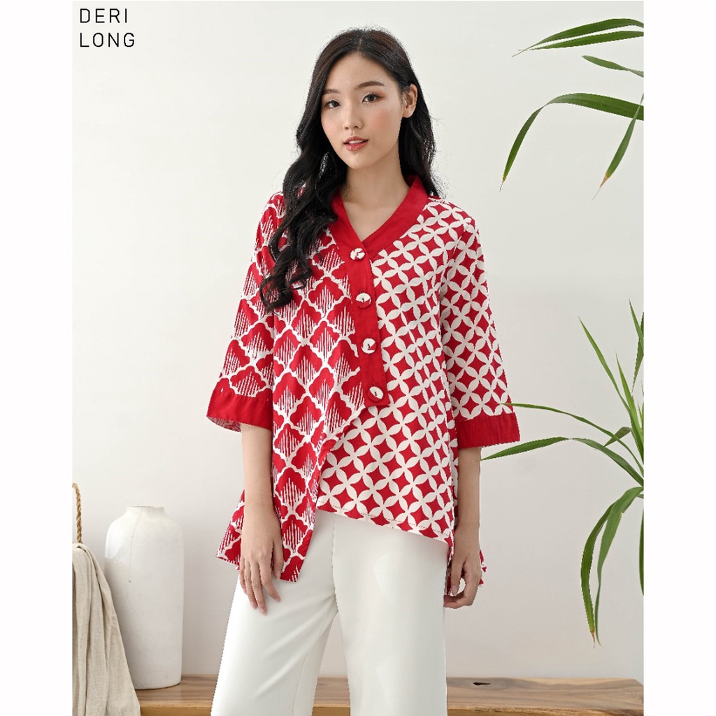 Evercloth Deri Blouse Wanita Atasan Wanita Baju Batik Wanita Jumbo Top Seragam