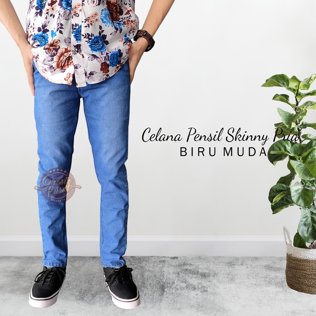 Celana Jeans Pria Pensil Skinny Biru Muda 27 - 38