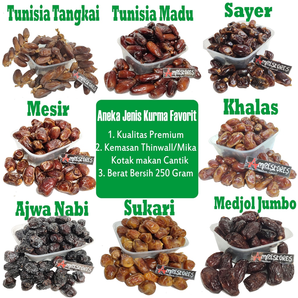 

kurma Ajwa kurma sukari kurma medjol kurma tunis madu kurma khalas kurma sayer kurma tunis tangkai kurma mesir kurma muda ruthob 250 Gram fresh kemasan kotak makan cantik stok terbaru kualitas premium medjool mejol