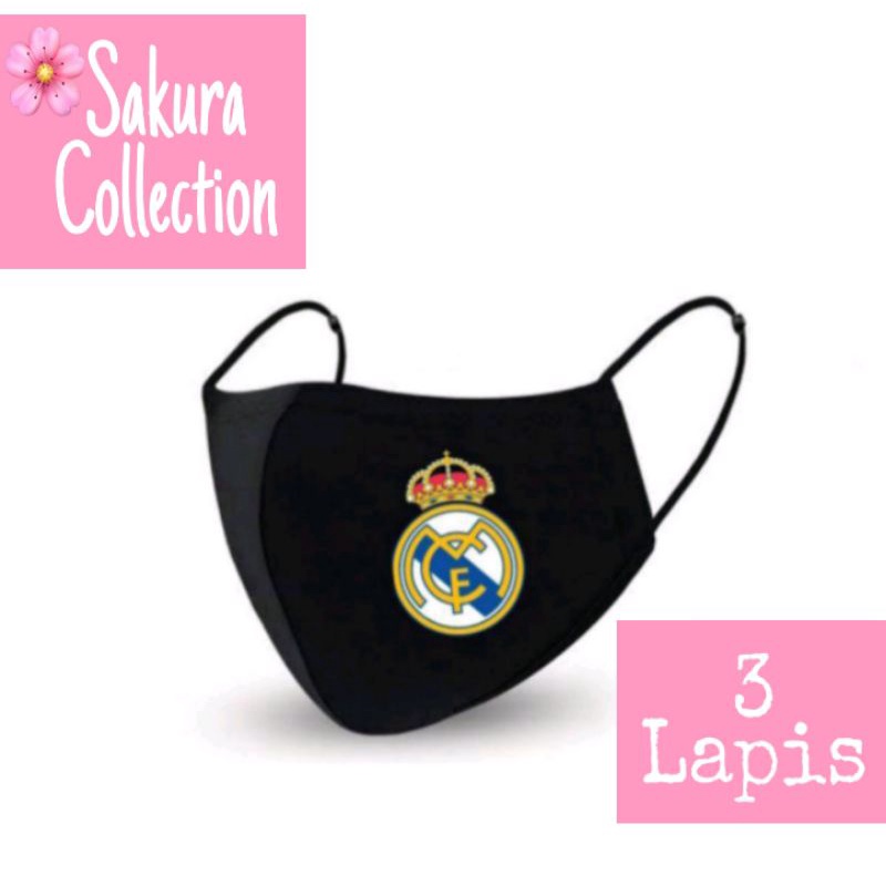 Masker Kain 3 ply/ Lapis  Real Madrid | Scuba Anak Dewasa Earloop