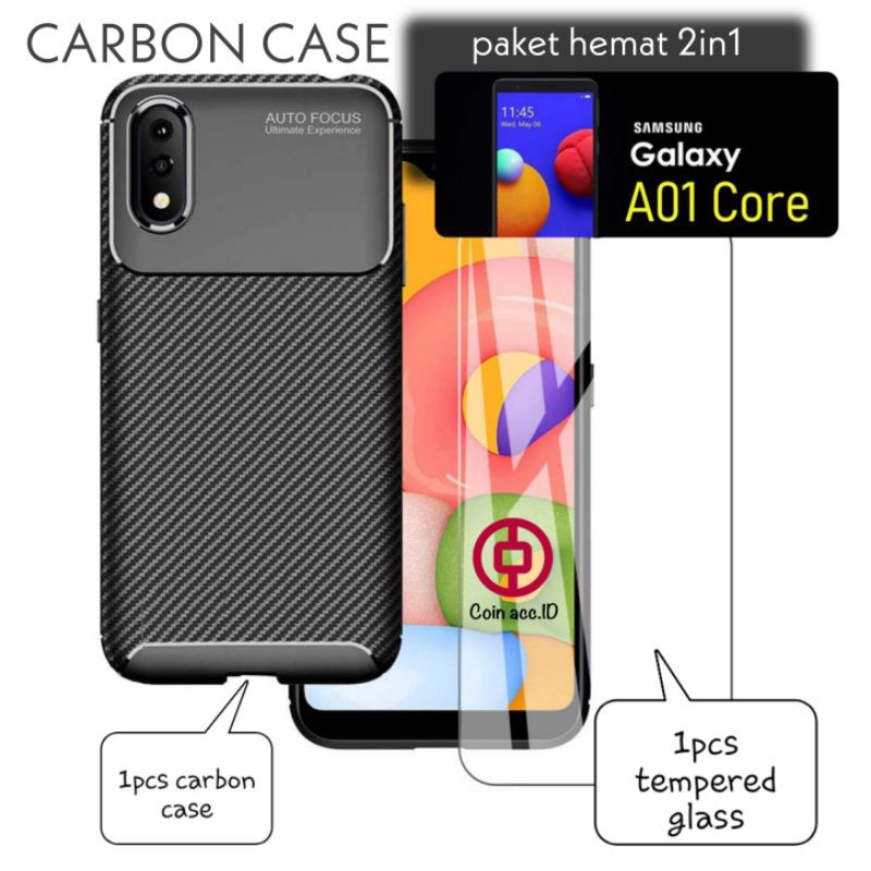 (ready stok) SAMSUNG A01 CORE 2in1 carbon case + tempered glass - silicon/casing/A 01 core