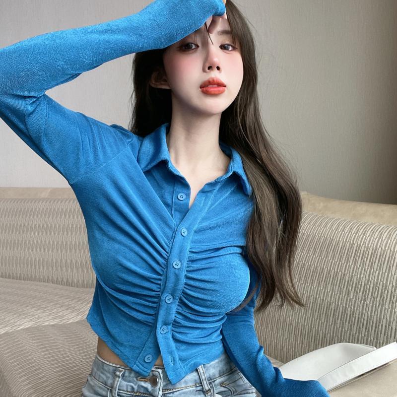 Murni Desire Gadis Panas Pinggang Tinggi Pendek Polo Kerah Bottoming Cardigan Wanita Lengan Panjang Top Musim Gugur dan Musim Dingin Desain Rasa