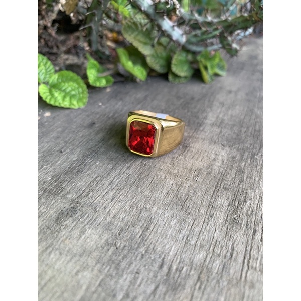 Cincin Pria Octagon Minimalis Ring Titanium Stainless Steel Warna Gold Batu Akik Merah Red Ruby
