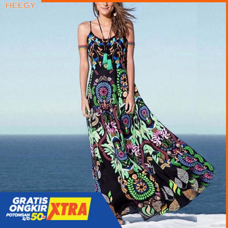 Dress Casual Maxi Bohemian Tanpa Lengan Tali Spaghetti Motif Bunga Musim Panas Gaya Wanita Korea
