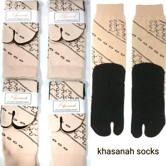 Kaos Kaki Jempol Muslimah Syar'i Motif Warna Kulit Panjang Sebetis Lembut / Kaus Kaki Wanita Muslimah Jempol Polos Tapak Hitam