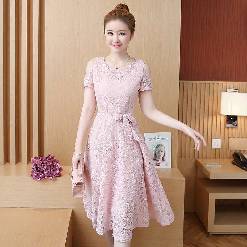 \u2764Dress Midi Model Off Shoulder Gaya Korea Elegan Bahan Lace untuk Wanita / Pesta / Musim Panas