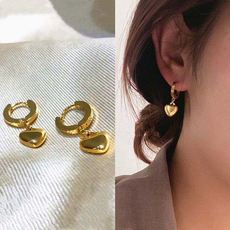 Anting Titanium Wanita Korea Panjang Liontin Hati Emas 18K Anti Karat Aksesoris Perhiasan