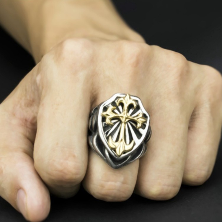 SEUSUK  Vintage Fashion Mens Personality Fashion Carve Knights Cross Shield Ring COD