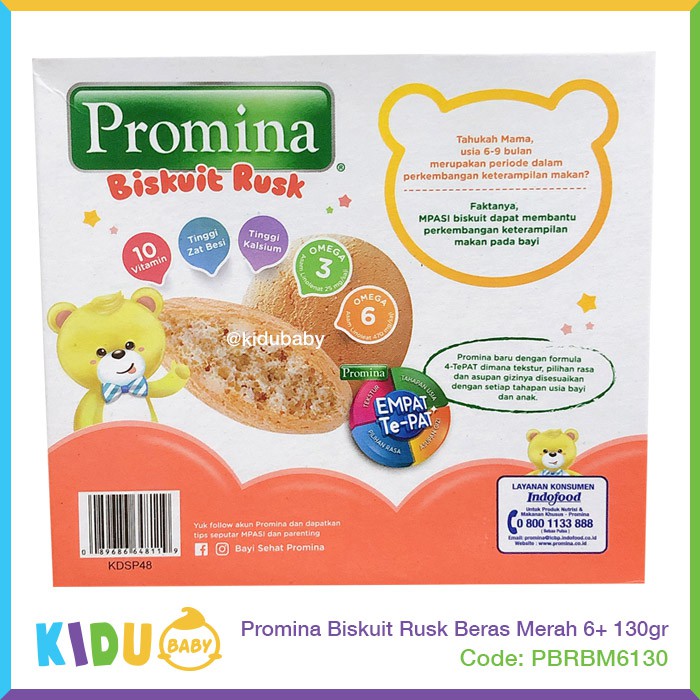 Promina Biskuit Rusk Susu Beras Merah Kacang Hijau 6+ 130gr Biskuit Cemilan Bayi MPASI Kidu Baby