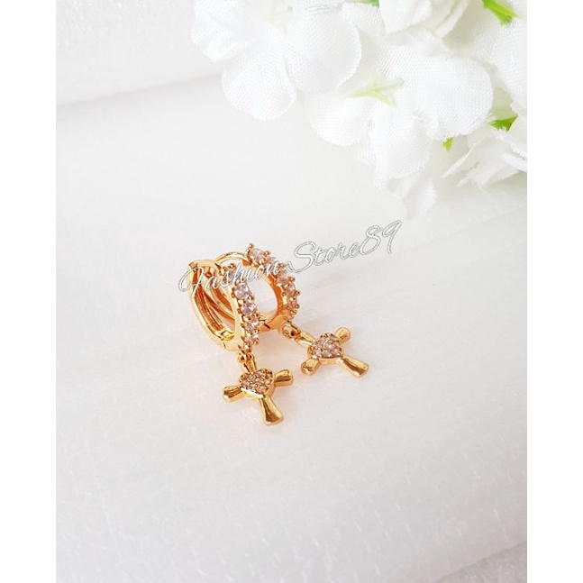 Anting Jepit Jurai Salib Permata perhiasan lapis emas impor fashion Rohani anting jepit jurai dewasa full permata putih impor