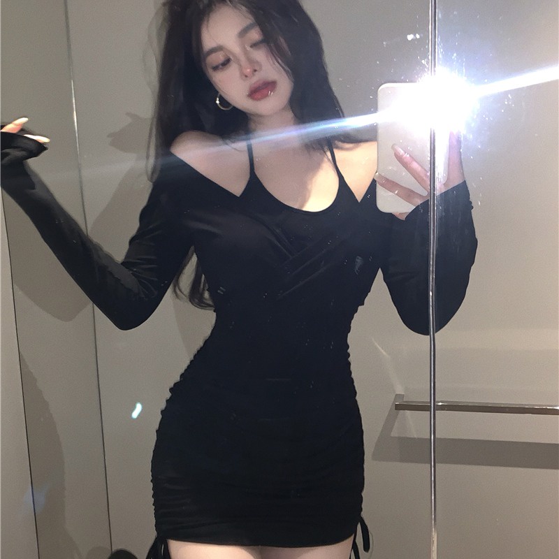 midi dress korea lipit hitam lengan panjang v-neck bag hip rok pendek gaun serut kecil wanita