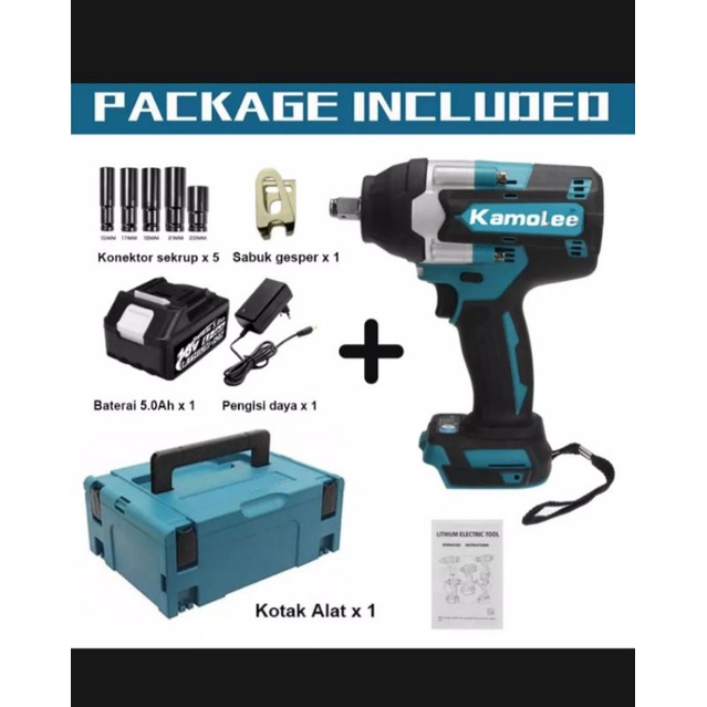 Kamolee DTW700 Impact Wrench Cordless 18V, Torque Maksimal 1800Nm, Motor Brushless