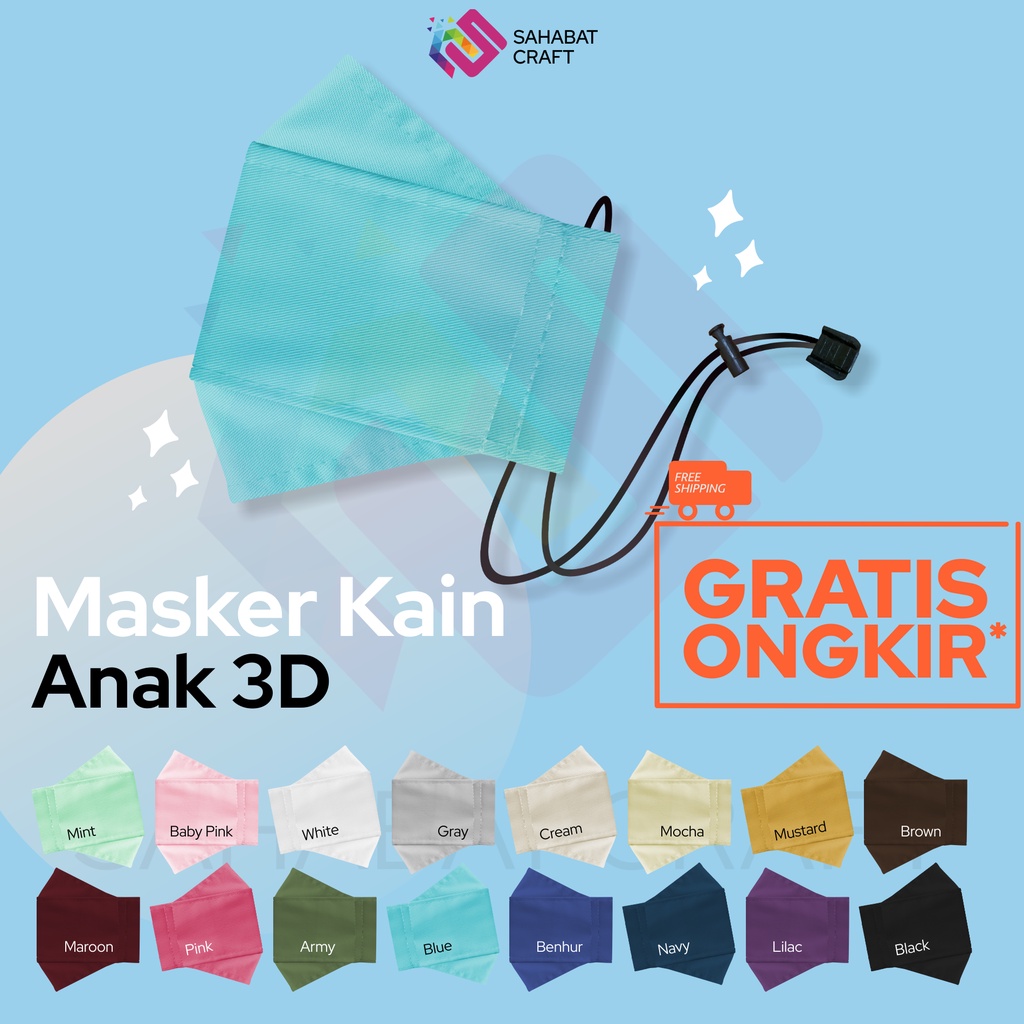 MASKER ANAK KAIN POLOS 3D + 1 SLOT FILTER + ADJUSTABLE STOPPER TALI KARET | KF94