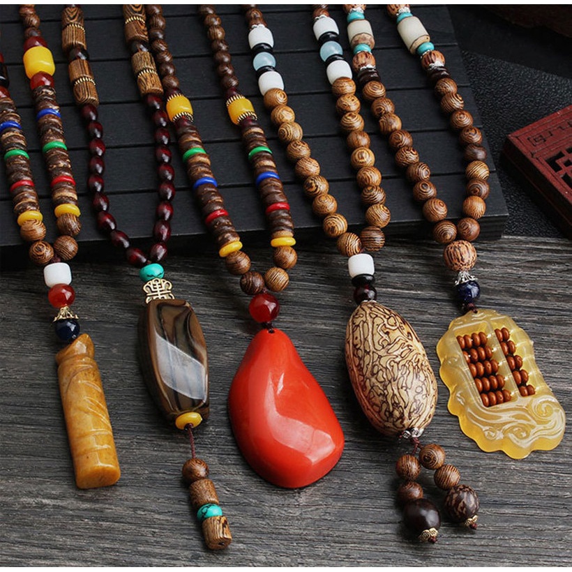 Kalung Rantai Klavikula Panjang Liontin Manik-Manik Kayu Mala Buddha Handmade Gaya Vintage Etnik Untuk Unisex