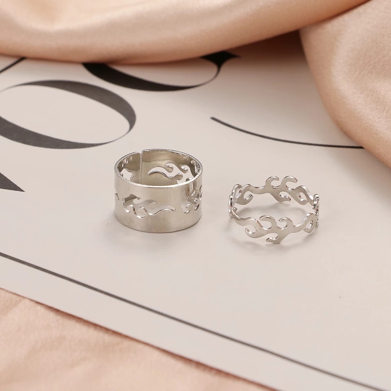 1 Pasang / Set Cincin Model Terbuka Desain Api Geometris Warna Silver Gaya Punk Gothic Kasual