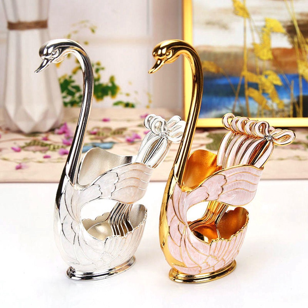 [Elegan] Sendok Teh Es Krim Susu Pengaduk Kue Swan Base Holder Metal Stirring Tool