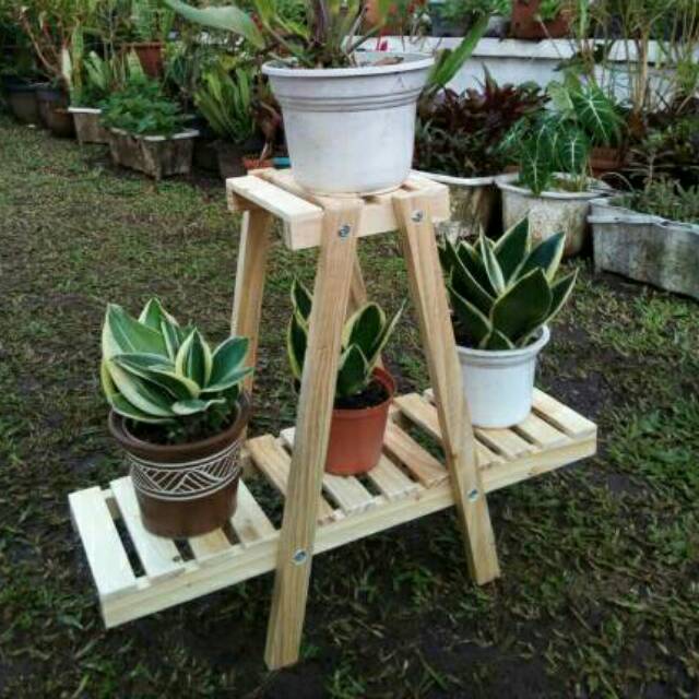 Rak Pot Unik 2 Susun Bahan Kayu Jati Belanda Untuk Kaktus Dan Anggrek