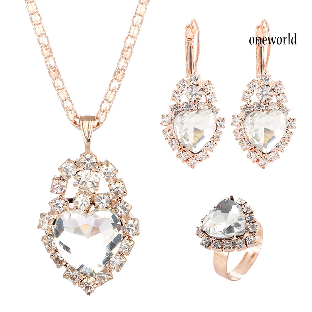 OW@ Wedding Heart Pendant Rhinestone Inlay Necklace Earrings Ring Bridal Jewelry Set