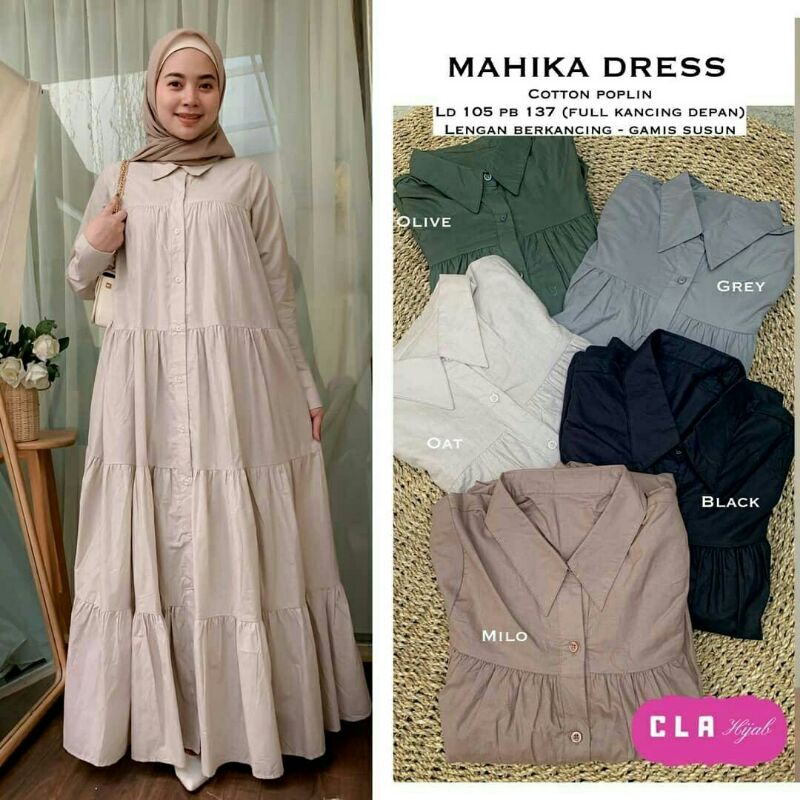 Mahika dress polos warna olive abu abu oat hitam coklat milo wanita muslimah bahan Katun poplin big 
