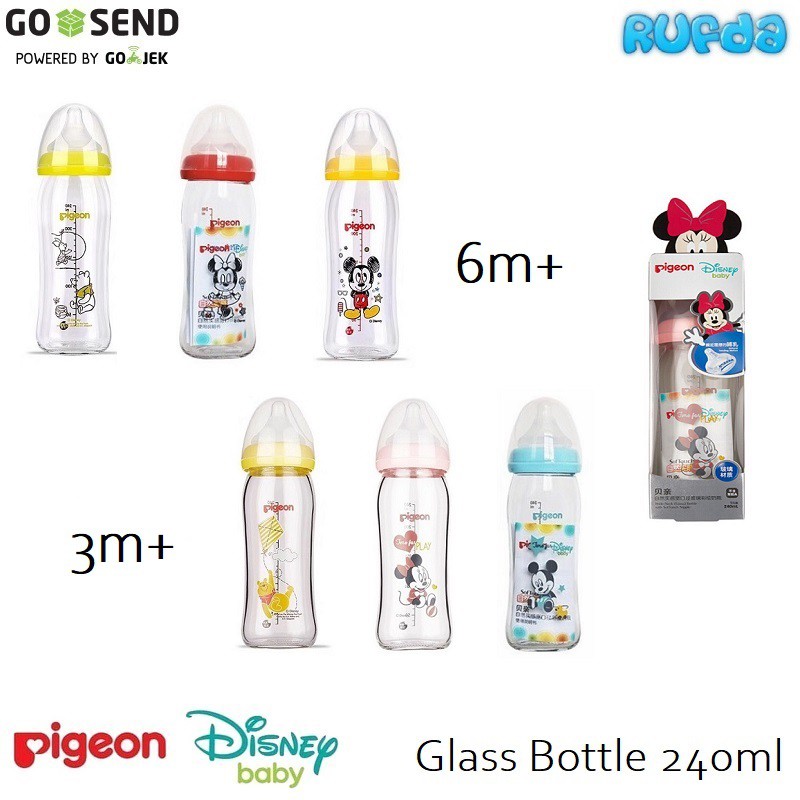 Pigeon Glass 240ml Disney Wideneck SofTouch Baby Bottle Botol Susu Kaca