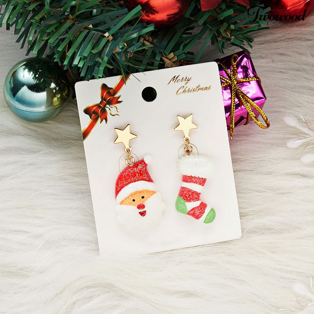 1 Pasang Anting Hook Liontin Santa Claus Pohon Natal Snowman Kaus Kaki Untuk Wanita