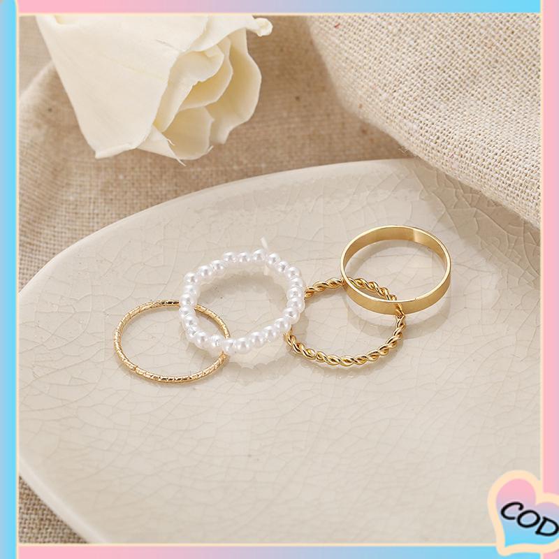 COD❤️ Korea Wanita Mutiara Cincin Wanita Emas Cincin Logam Set Fashion Perhiasan Aksesoris-A.one