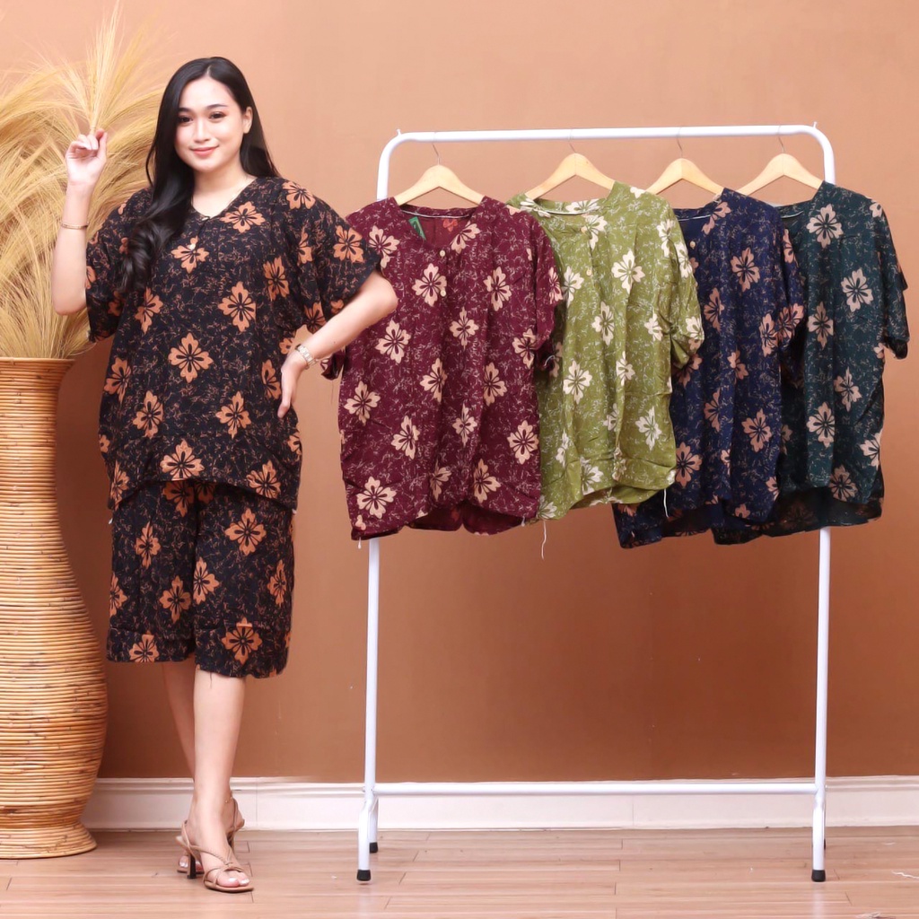 BAJU TIDUR WANITA SETELAN ONESET PIYAMA KULOT SUPER JUMBO KEKINIAN  BUSUI BUMIL ( ROHMAH GELOMBANG OVAL SELEDRI CABUTAN )-KJ ROHMAH CABUTAN