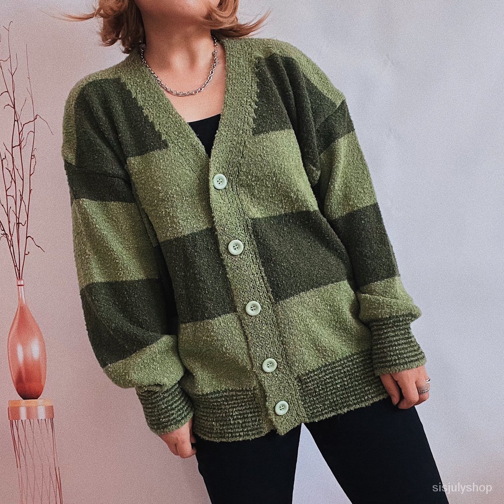 #Sisjuly# Sweater Wanita Kasual Longgar Lengan Puff Jaket Rajut Bergaris Warna Kontras Sweater Tebal