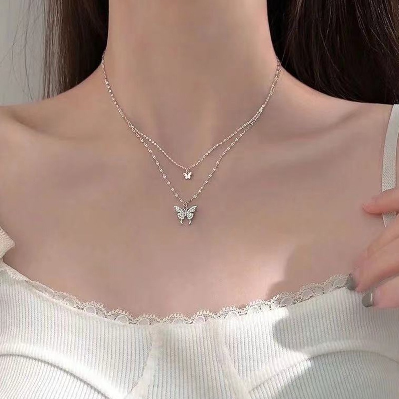 Kalung Rantai Liontin Kupukupu Ganda Hias Berlian Imitasi Untuk Wanitahadiah Ulang Tahun 211224