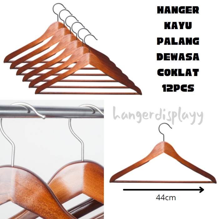 HANGER KAYU BAJU DEWASA + PALANG KAYU + WARNA COKLAT ( 12 PCS )