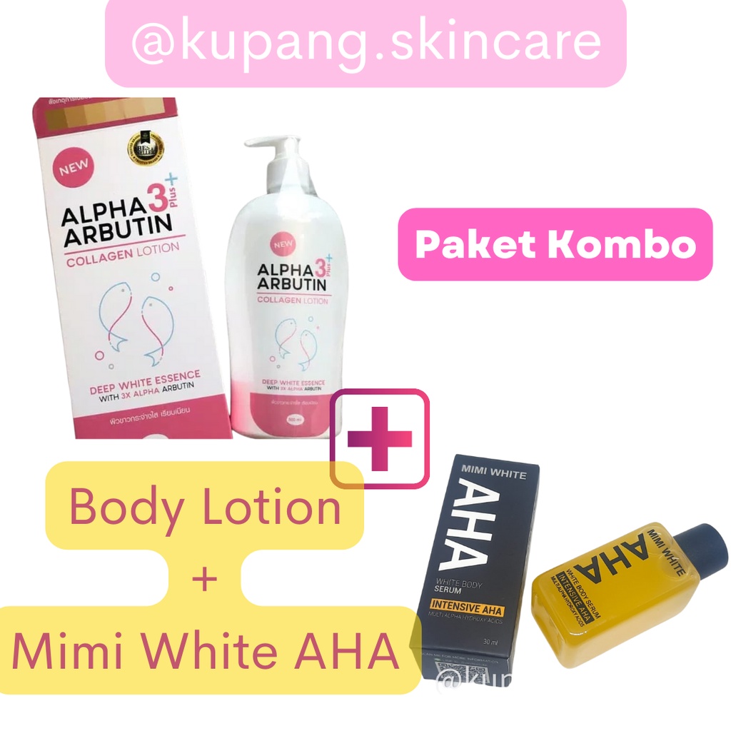 Paket Hemat Body Lotion Alpha Arbutin 3+ Collagen dan Mimi White AHA Body Serum Original Thailand