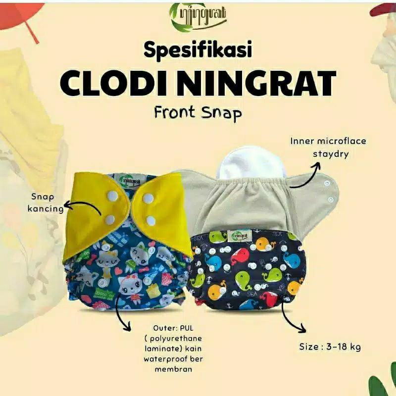 Clodi Ningrat Front Snap 3-15 kg Popok Kain Popok Cuci Ulang Popok Bayi insert terpisah