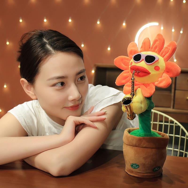 Ready✅Dancing Sunflower USB Singing Talking Repeating Recording Glowing Saxophone Soft Plush Flower Toy 120 Songs Musical Funny Gift