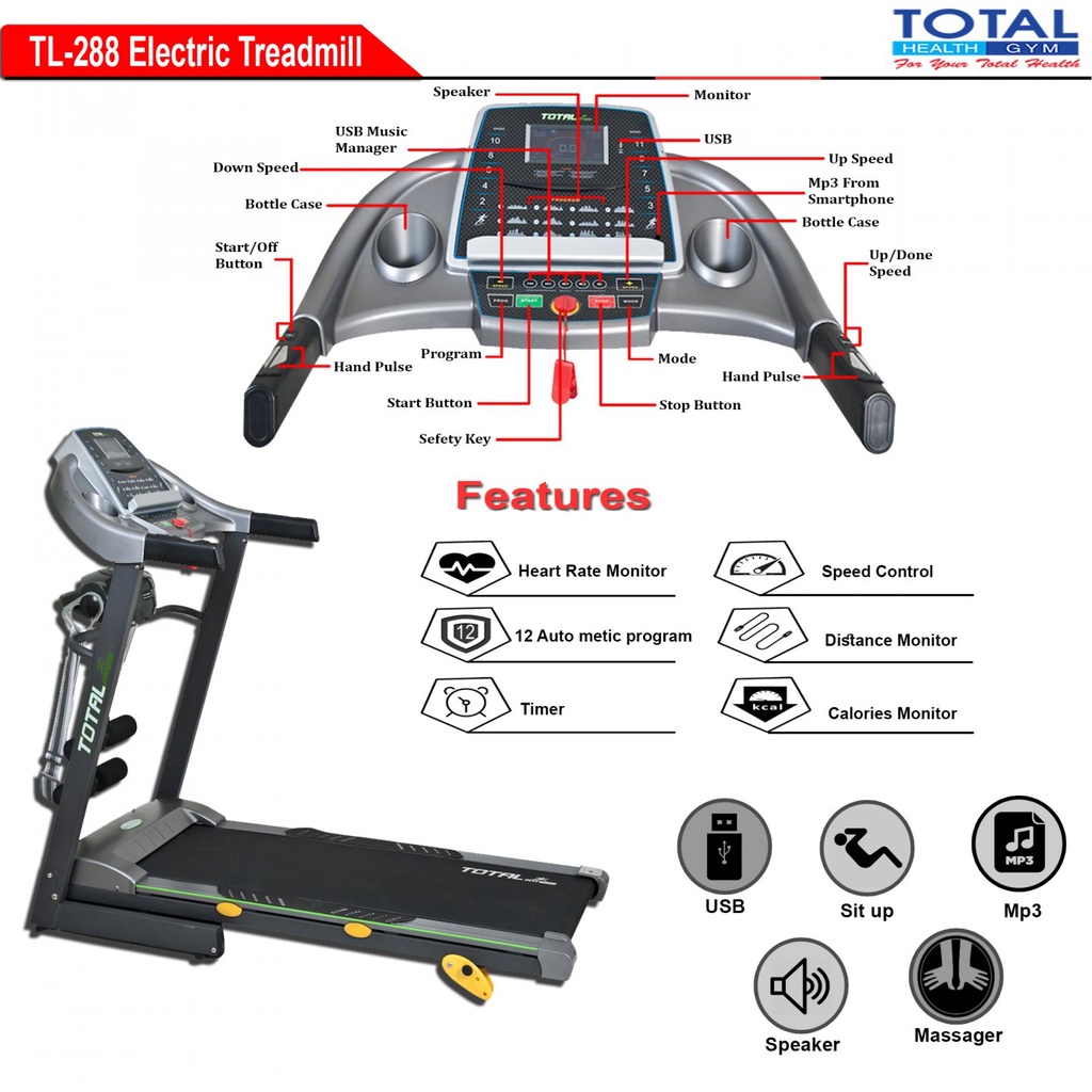 TOTAL HEALTH GYM - New Alat Olahraga Gym Sport Fitness Walking Pad Treadmill Listrik Elektrik Total Gym TL 288 Motor 2 HP DC