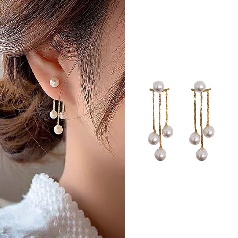 Anting Panjang Aksen Mutiara Gaya Korea titanium anting anting earrings