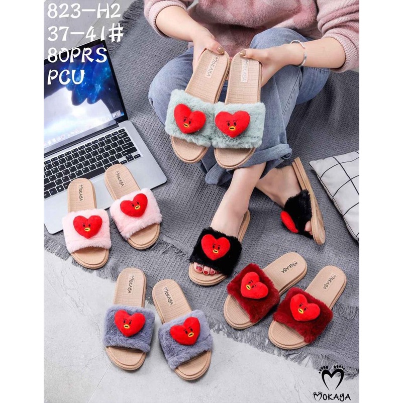 Sandal Slop Jelly Bulu Wanita Boneka Love  Merah Cantik Cute Import Mokaya / Size 37-41 (823-H2)