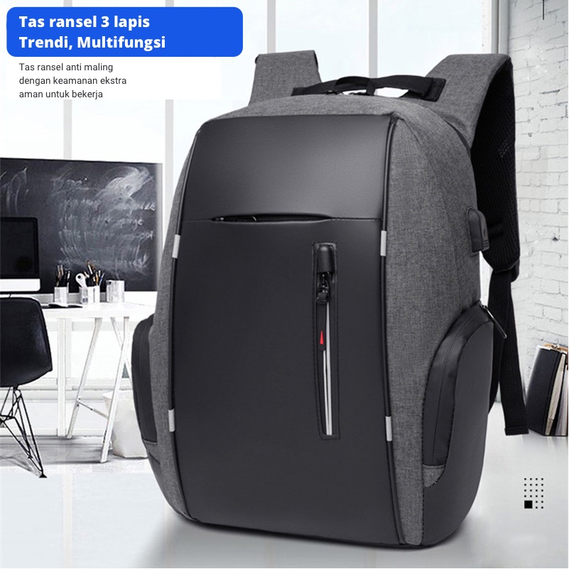 Highland Tas Ransel Pria Kasual Anti Air Waterproof Backpack Tas Laptop 15.6Inc dengan USB Charger Port TR209