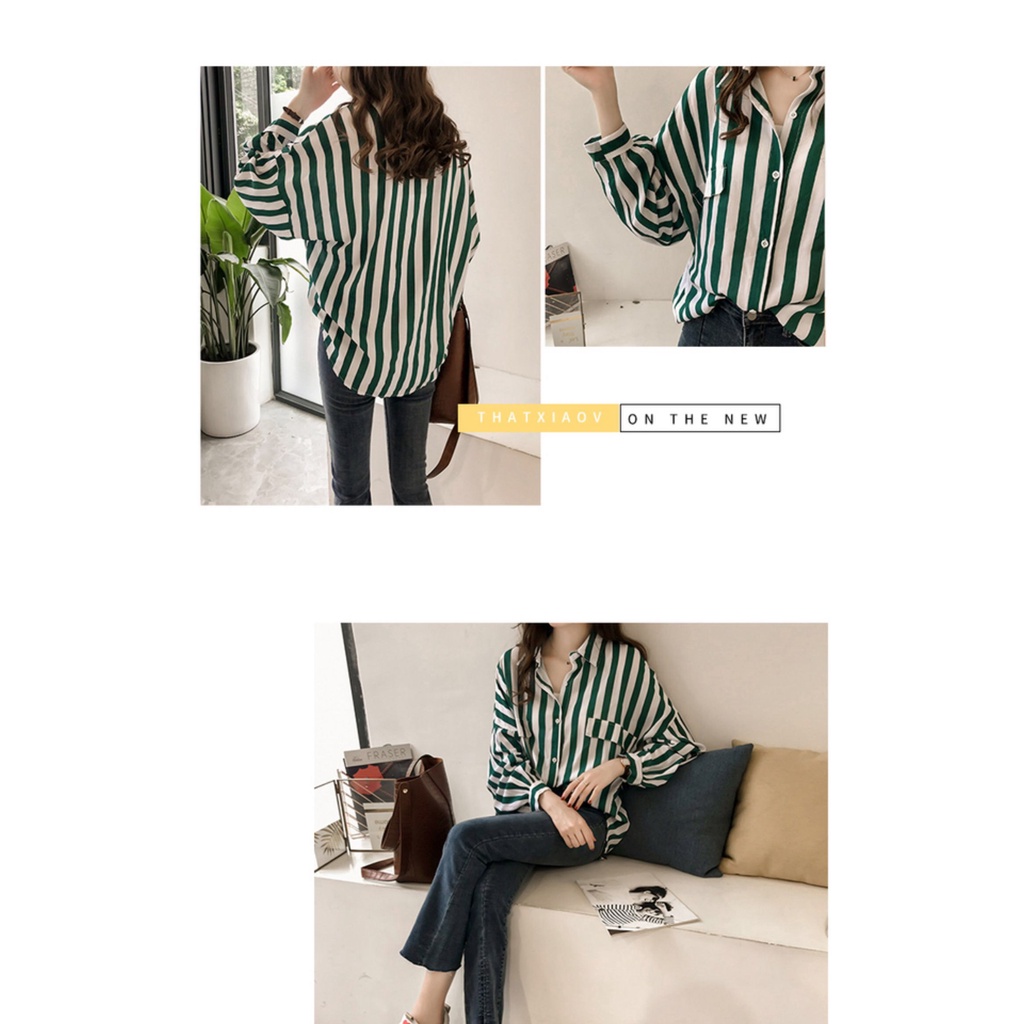 12.12 SALES!M-4XL Ready Kemeja Wanita Versi Korea Longgar Sifon Liar Lengan Kelelawar Lengan Panjang Garis-garis Baju