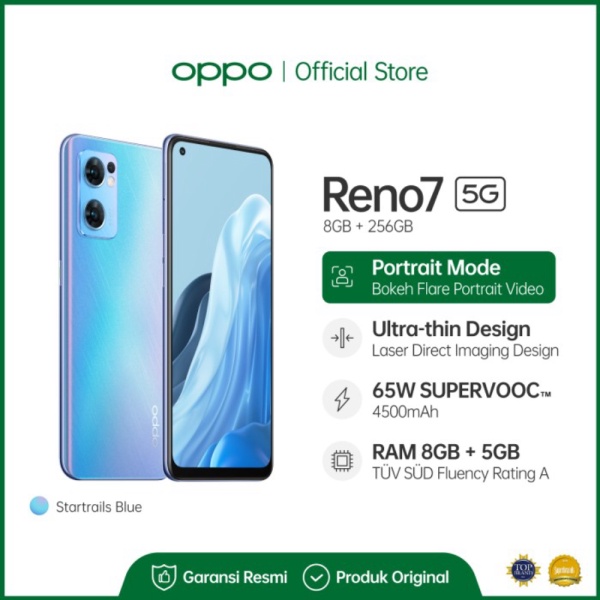 OPPO Reno7 5G 8GB/256GB Smartphone Garansi Resmi - Startrails Blue terlaris