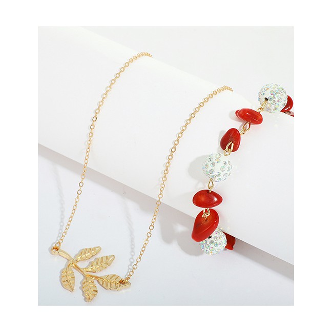 LRC Kalung Dan Gelang Fashion Gold Artificial Crystal Ball Gravel Leaf Necklace Bracelet Set