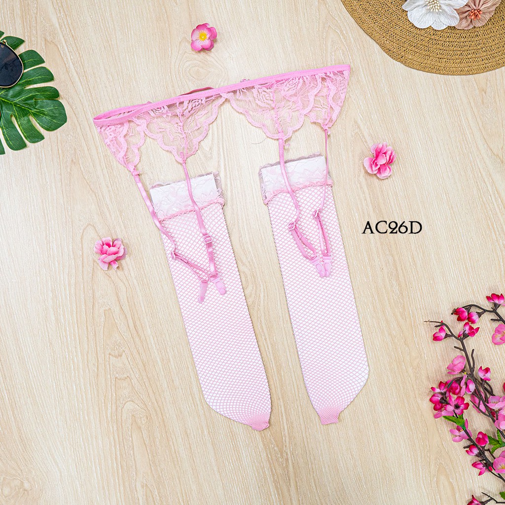 [BISA COD] STOCKING WANITA + SABUK PAHA LACE GARTER BELT SEXY PINK AC26D