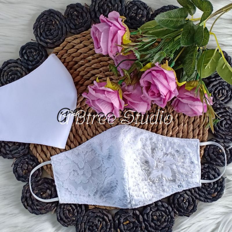 masker Nikah akad ijab pesta wedding brokat dg hiasan mutiara payet &amp; Bunga 3D / akad nikah wedding