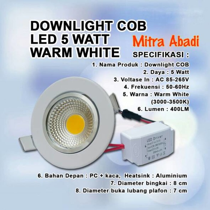 Jual Lampu  Downlight  LED 5W COB Warm White 3000 3500K 