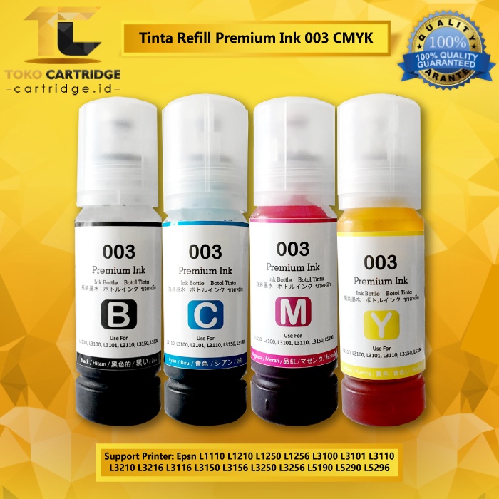 Tinta Premium Ink 003 Cyan Magenta Yellow Black Hitam for printer epson L1110 L1210 L1250 L1256 L3110 L3210 L3216 L3250 L3516 L5290 L5296