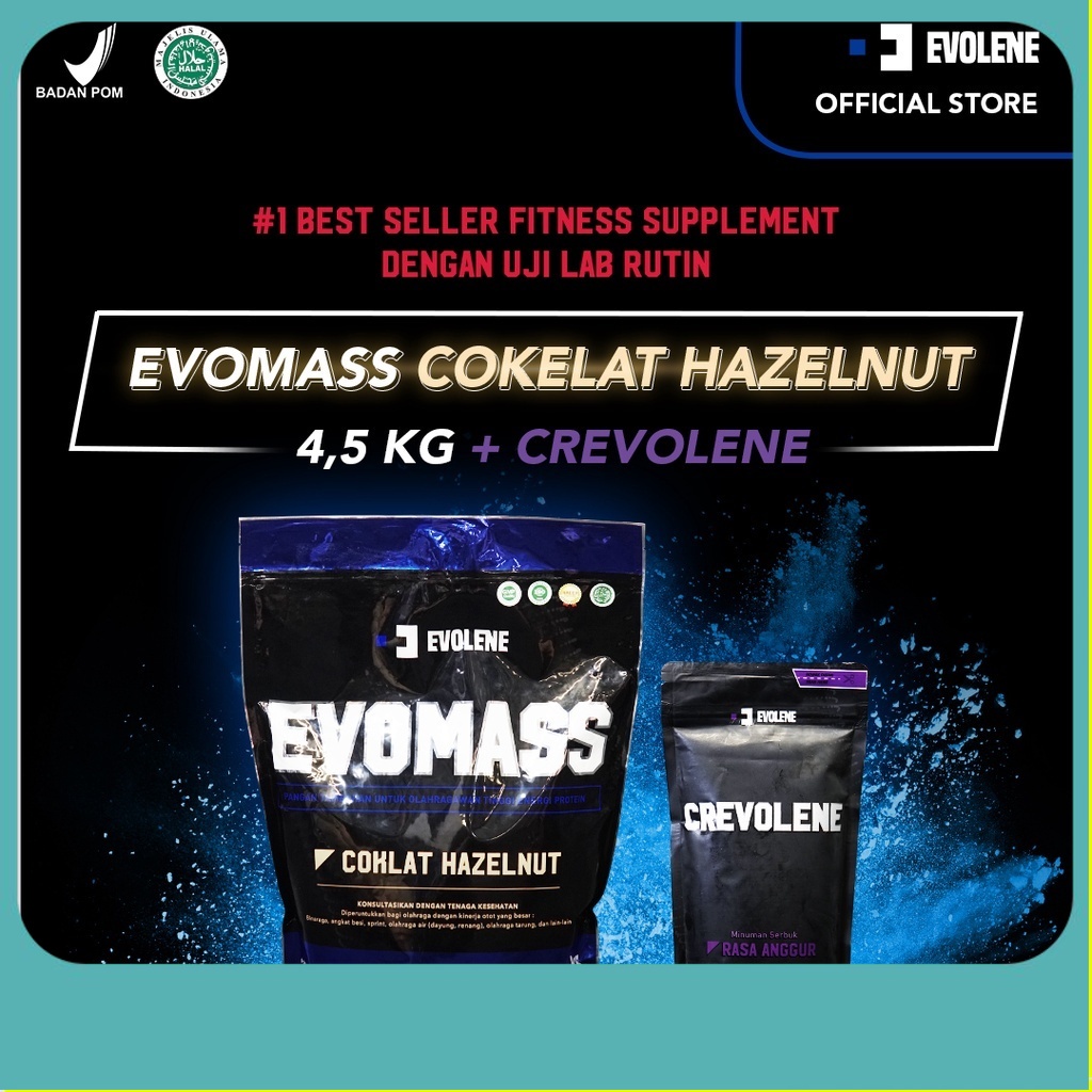 

Evolene Evomass Coklat Hazelnut 4500gr/20x serving + Crevolene 330gr/60x serving + Shaker - Penambah massa otot - Suplemen fitness - Pembentuk otot - Kaya Nutrisi - Surplus kalori -Mass Gainer BPOM HALAL ORIGINAL ORI OFFICIAL STORE